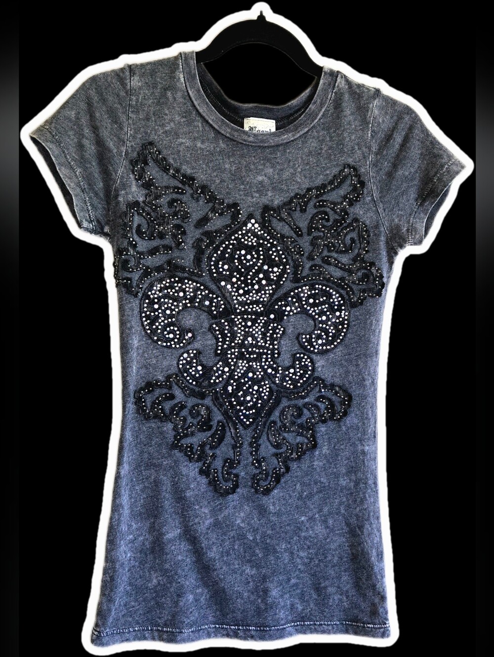 Gray Acid Rhinestone Embellished Tee Size Small Made in USA